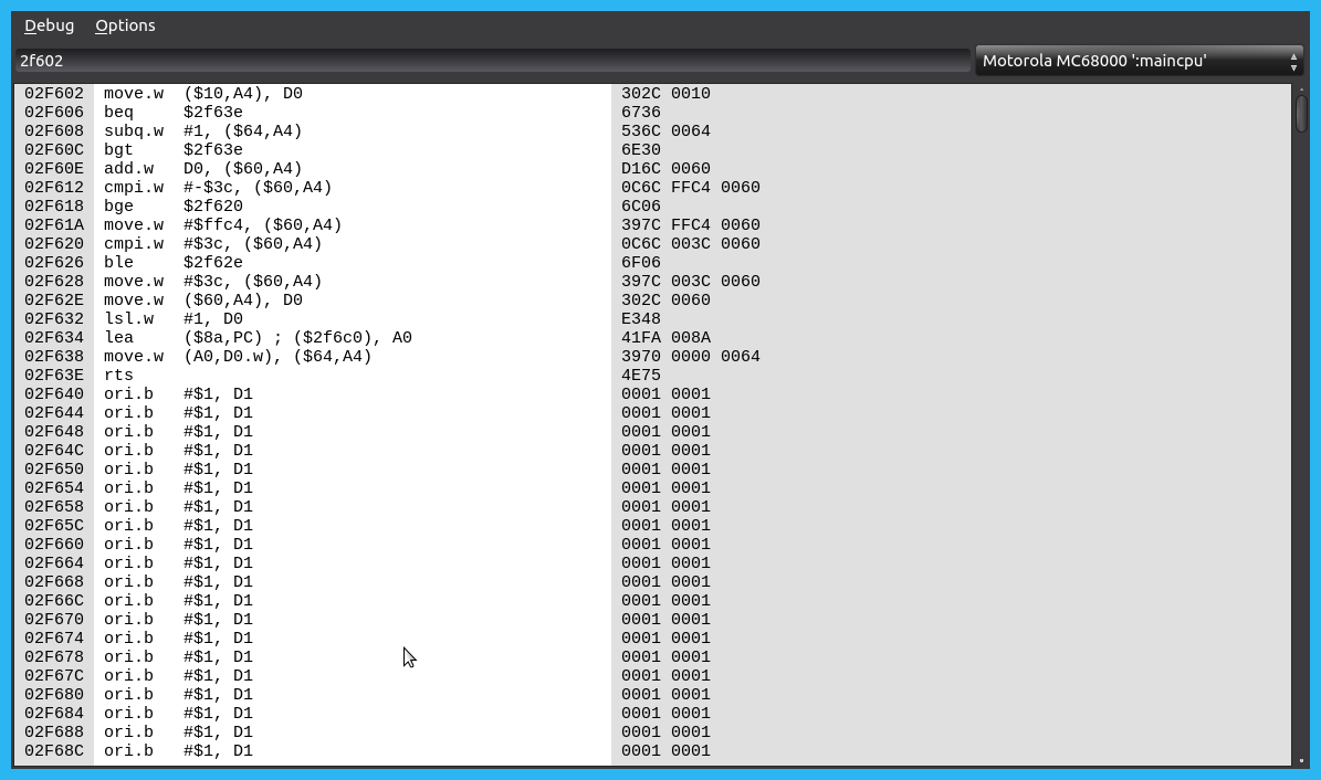 The disassembly window at a chosen address