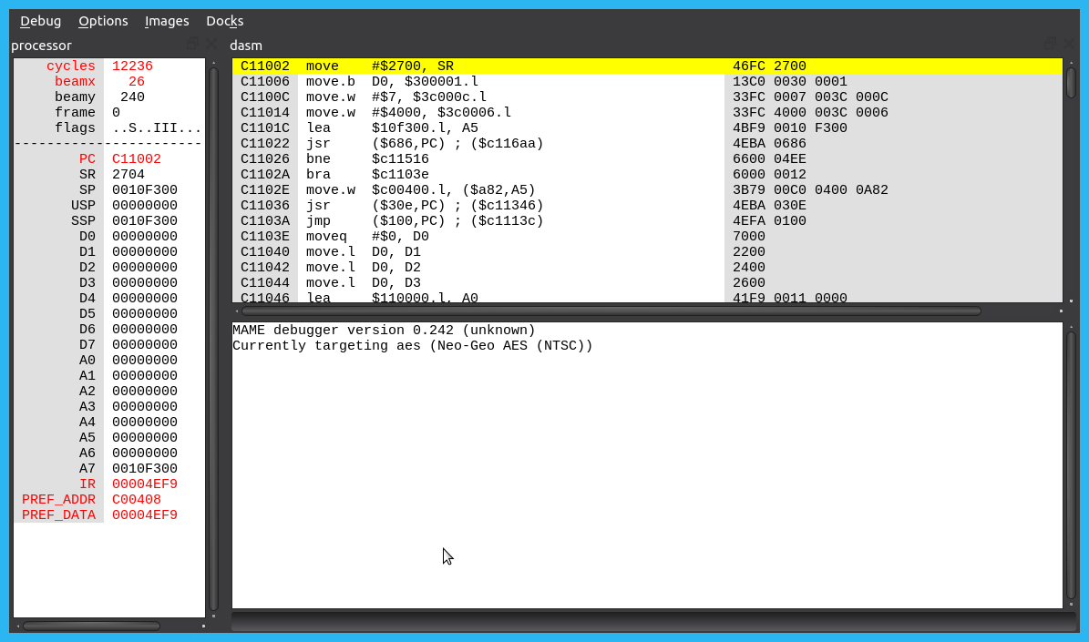 The MAME debugger as it appears when first launched